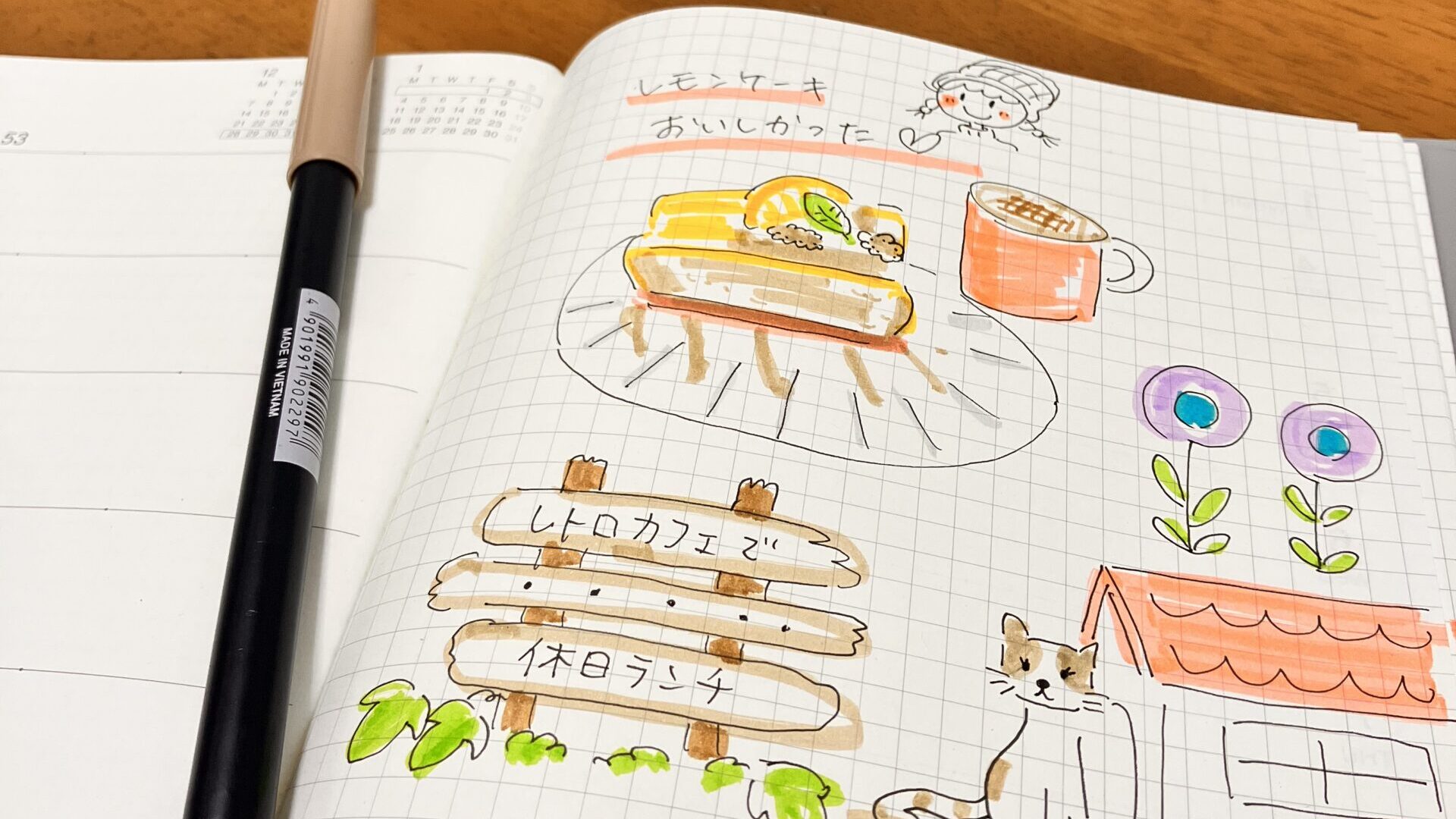 手帳にケーキの絵が書いてある